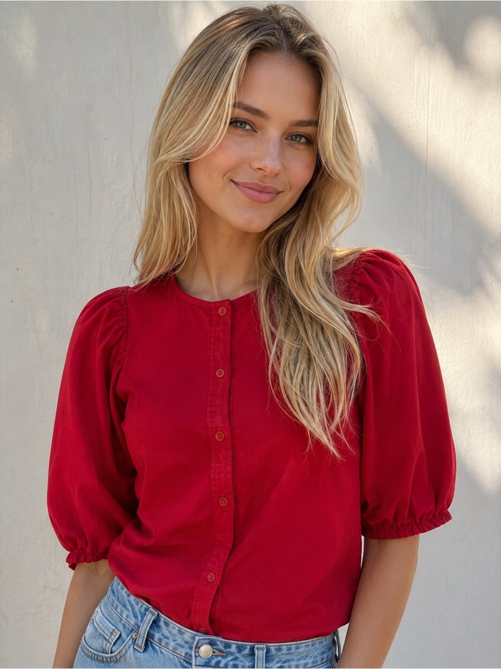 H&M Red Linen/Viscose Button-Front Puff Sleeve Blouse